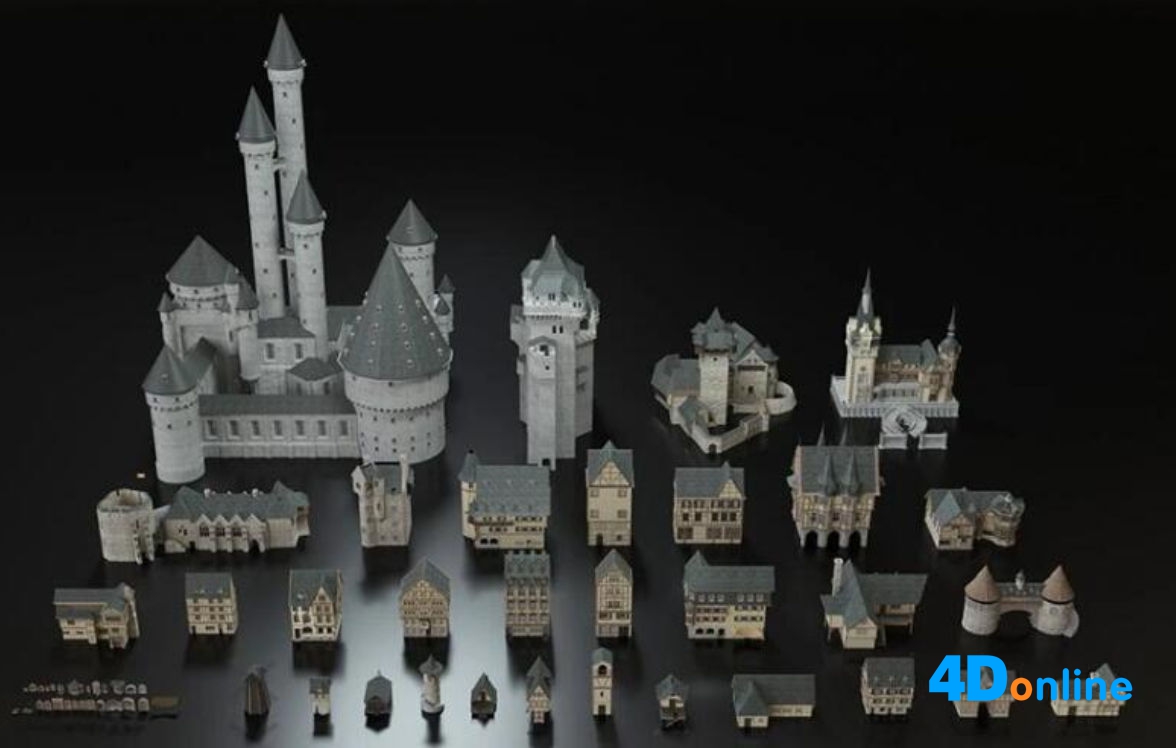 c4d欧洲建筑中世纪城堡宫殿楼宇模型