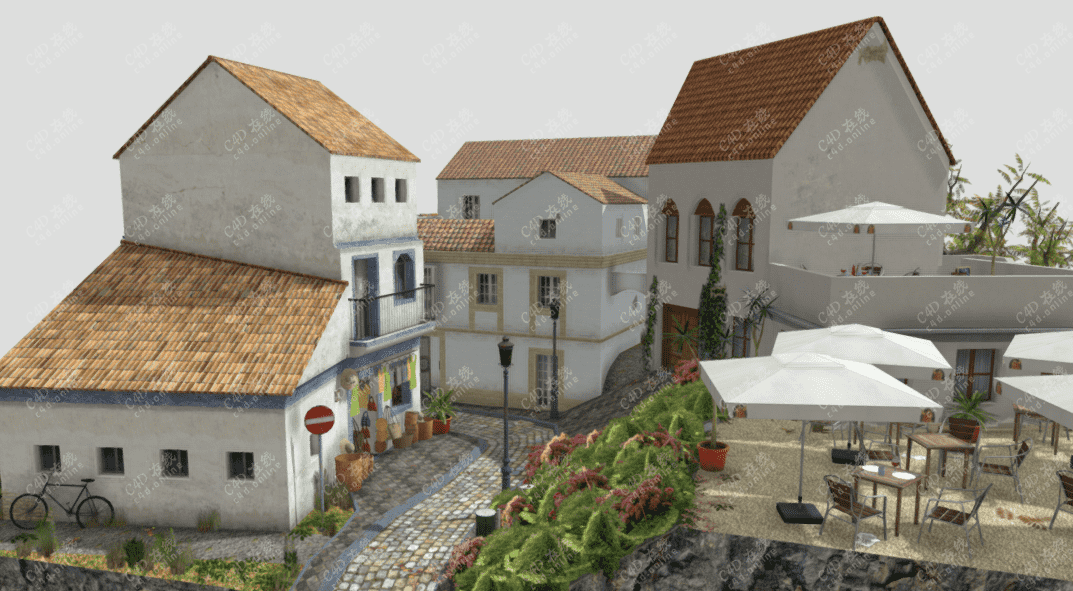 欧洲建筑小镇村落集市场景